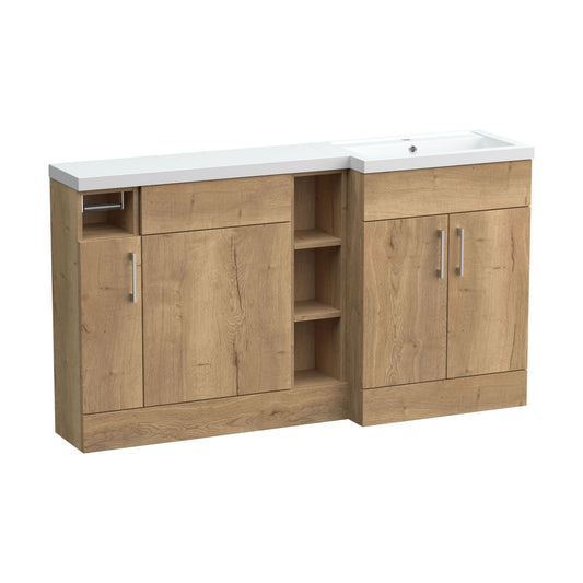 [BFFLR1811R] Wichnor Floor Standing 3 Door, Open Shelf Vanity Basin WC Unit with Toilet Roll Holder and Polymarble Basin, 1500mm, Right Hand, Autumn Oak - Cutout