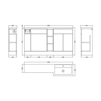 [BFFLR1811R] Wichnor Floor Standing 3 Door, Open Shelf Vanity Basin WC Unit with Toilet Roll Holder and Polymarble Basin, 1500mm, Right Hand, Autumn Oak - Technical Drawing