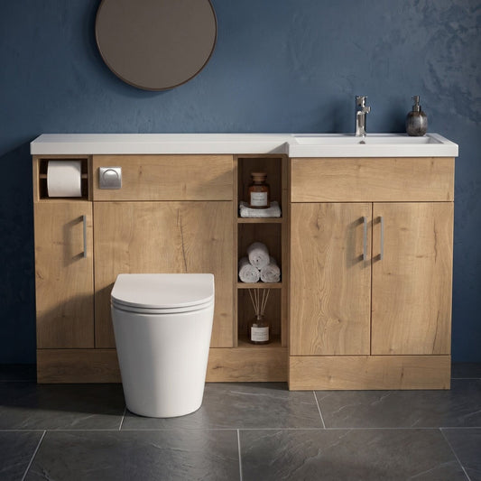 [BFFLR1811R] Wichnor Floor Standing 3 Door, Open Shelf Vanity Basin WC Unit with Toilet Roll Holder and Polymarble Basin, 1500mm, Right Hand, Autumn Oak - Silo