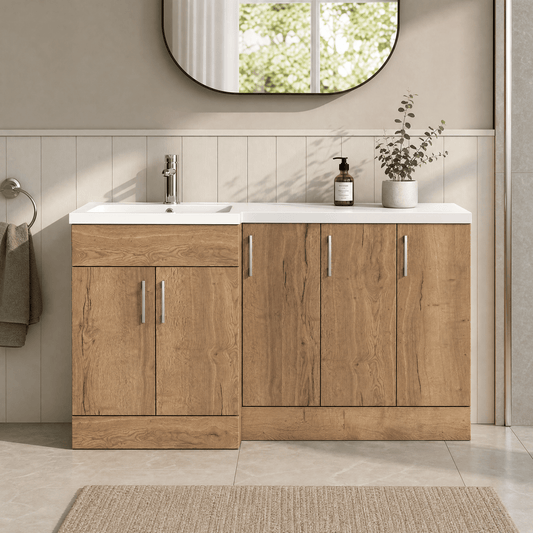 [BFFLR1812L] Wichnor Contemporary Floor Standing 5 Door Vanity Basin Combination Unit with Polymarble Basin, 1500mm, Left Hand, Autumn Oak - Silo