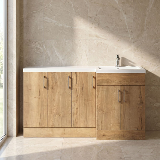 [BFFLR1812R] Wichnor Contemporary Floor Standing 5 Door Vanity Basin Combination Unit with Polymarble Basin, 1500mm, Right Hand, Autumn Oak - Silo
