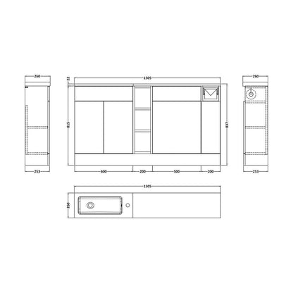 [BFFLR1813] Wichnor Contemporary Floor Standing Compact 3 Door Vanity Basin WC Combination Unit with Basin and Worktop, 1500mm, Autumn Oak - Technical Drawing