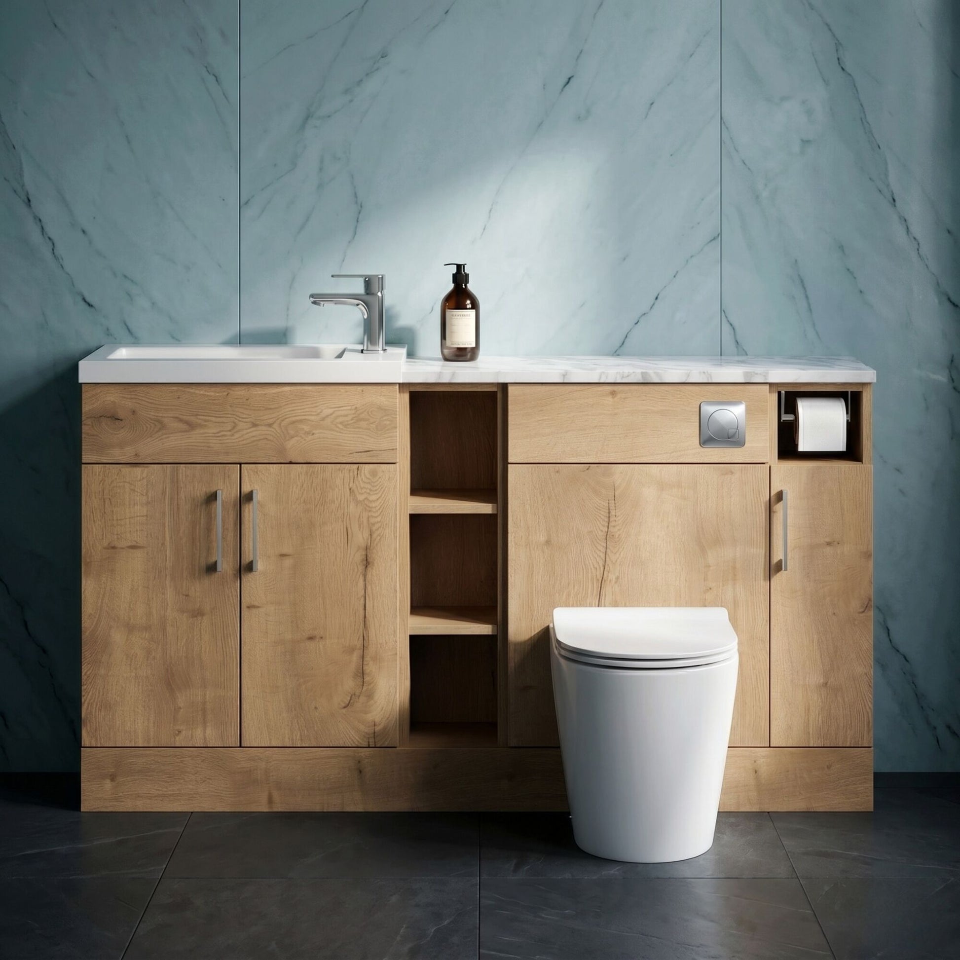 [BFFLR1813] Wichnor Contemporary Floor Standing Compact 3 Door Vanity Basin WC Combination Unit with Basin and Worktop, 1500mm, Autumn Oak - Silo