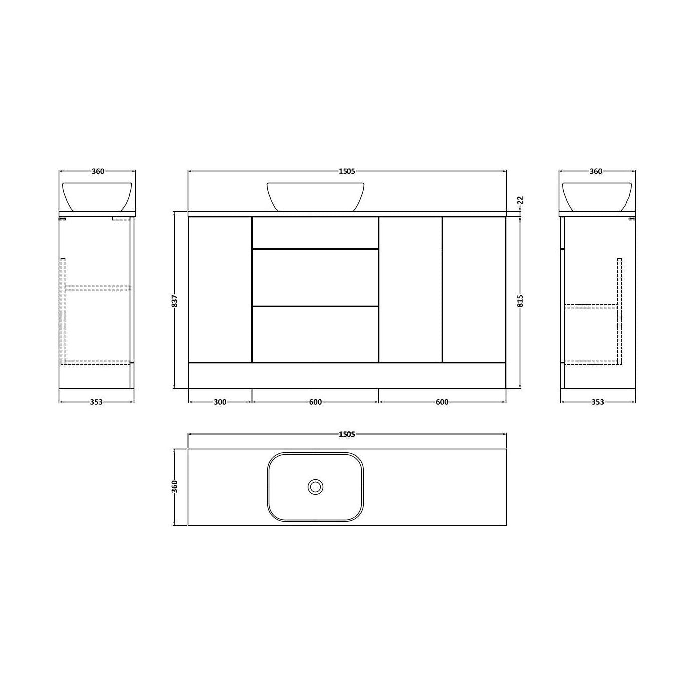 [BFFLR1814] Wichnor Contemporary Floor Standing 2 Drawer 3 Door Combination Vanity Basin Unit with Worktop and Countertop Vessel, 1500mm, Autumn Oak - Technical Drawing