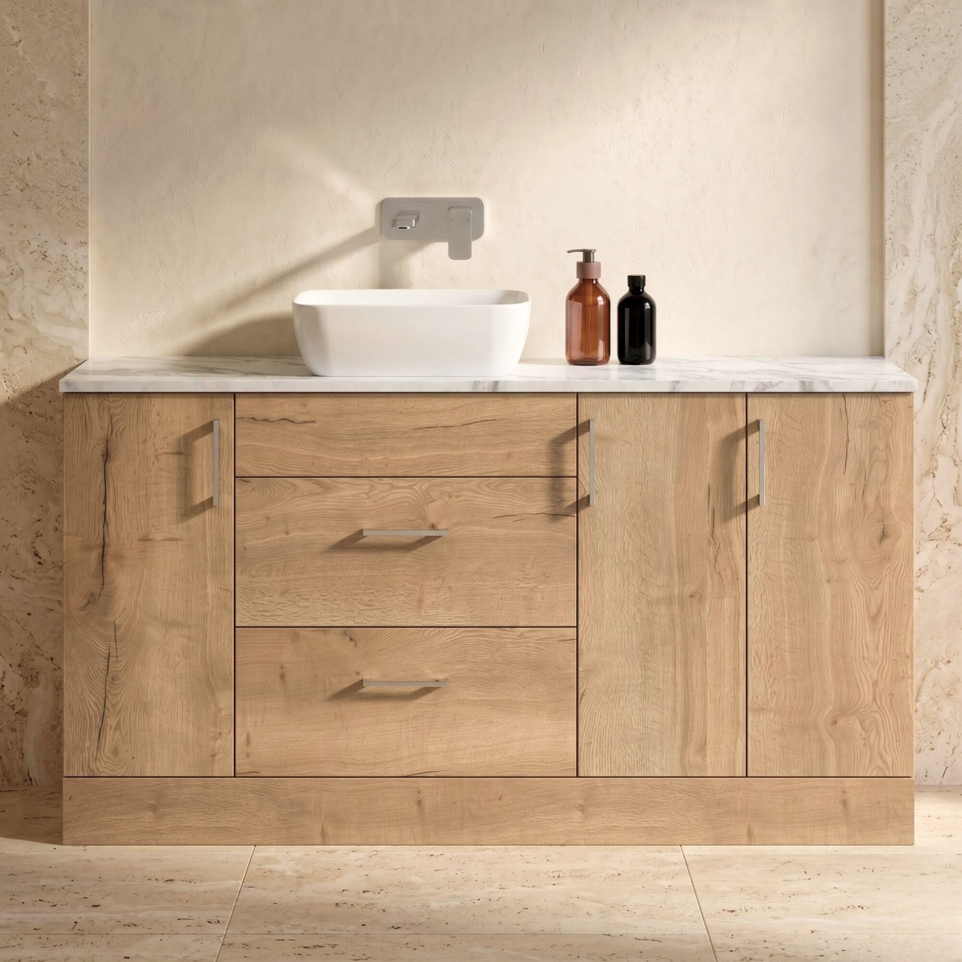 [BFFLR1814] Wichnor Contemporary Floor Standing 2 Drawer 3 Door Combination Vanity Basin Unit with Worktop and Countertop Vessel, 1500mm, Autumn Oak - Silo