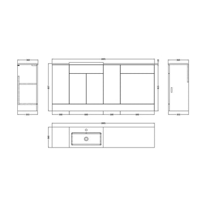 [BFFLR1815] Wichnor Contemporary Floor Standing 4 Door Vanity Basin WC Unit with Polymarble Basin and Laminate Worktop, 1800mm, Autumn Oak - Technical Drawing