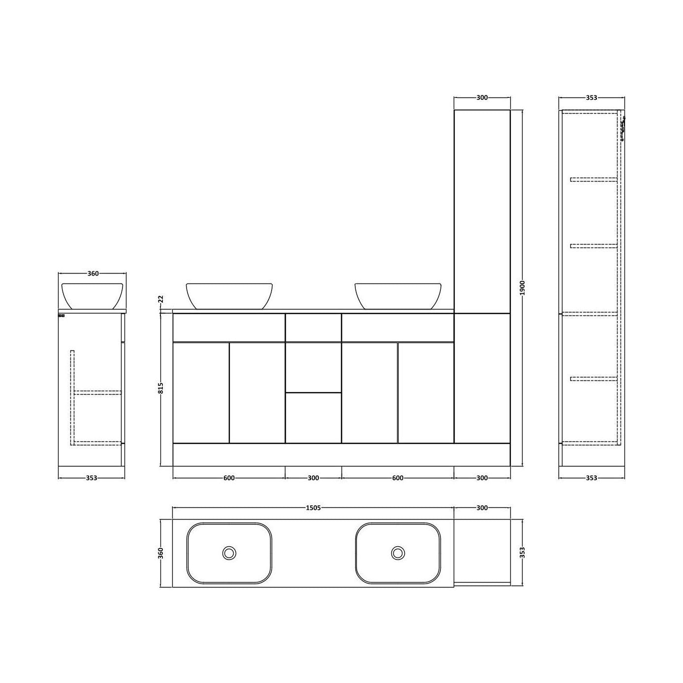 [BFFLR1816] Wichnor Floor Standing 4 Door 3 Drawer Vanity Combination Unit with Tall Unit, Laminate Worktop and Countertop Vessel, 1800mm, Autumn Oak - Technical Drawing
