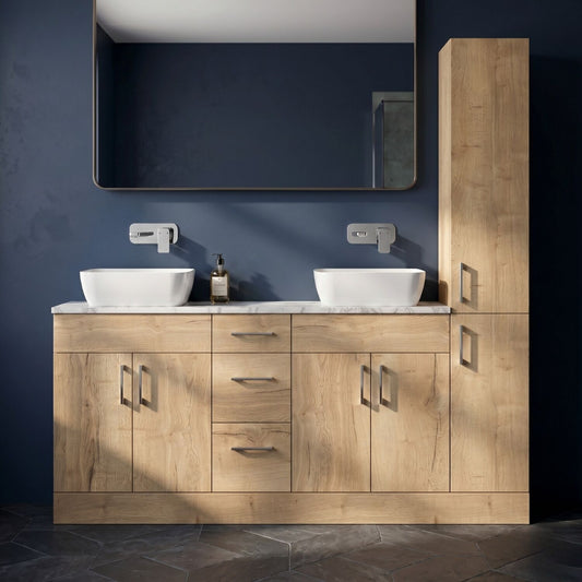 [BFFLR1816] Wichnor Floor Standing 4 Door 3 Drawer Vanity Combination Unit with Tall Unit, Laminate Worktop and Countertop Vessel, 1800mm, Autumn Oak - Silo