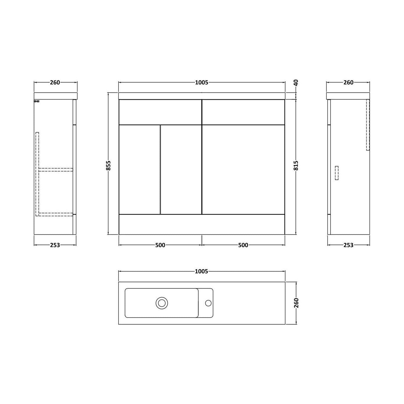 [BFFLR3101] Wichnor Contemporary Compact Floor Standing 2 Door Vanity Basin WC Unit with Polymarble Basin, 1000mm, Fern Green - Technical Drawing