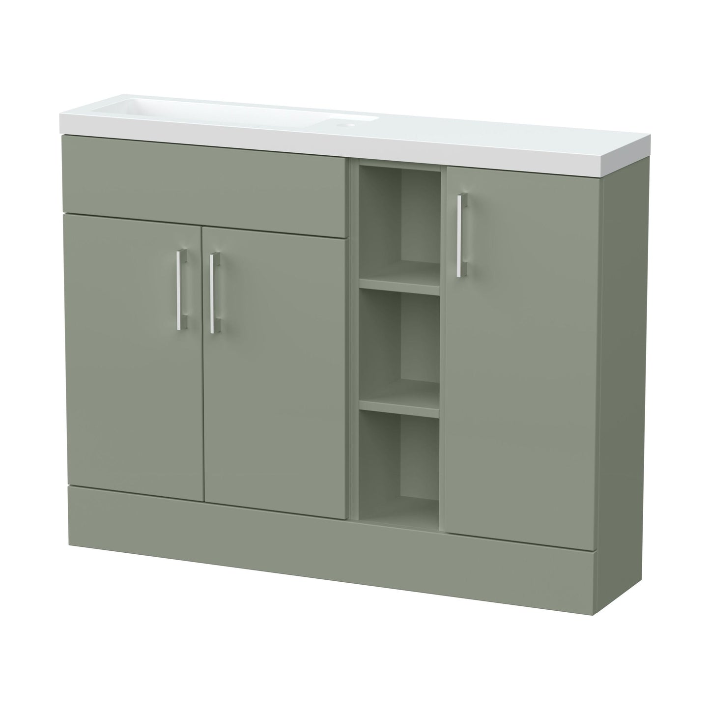 [BFFLR3102] Wichnor Contemporary Floor Standing Compact 3 Door Combination Vanity Basin Unit with Open Shelves and Polymarble Basin, 1100mm, Fern Green - Cutout
