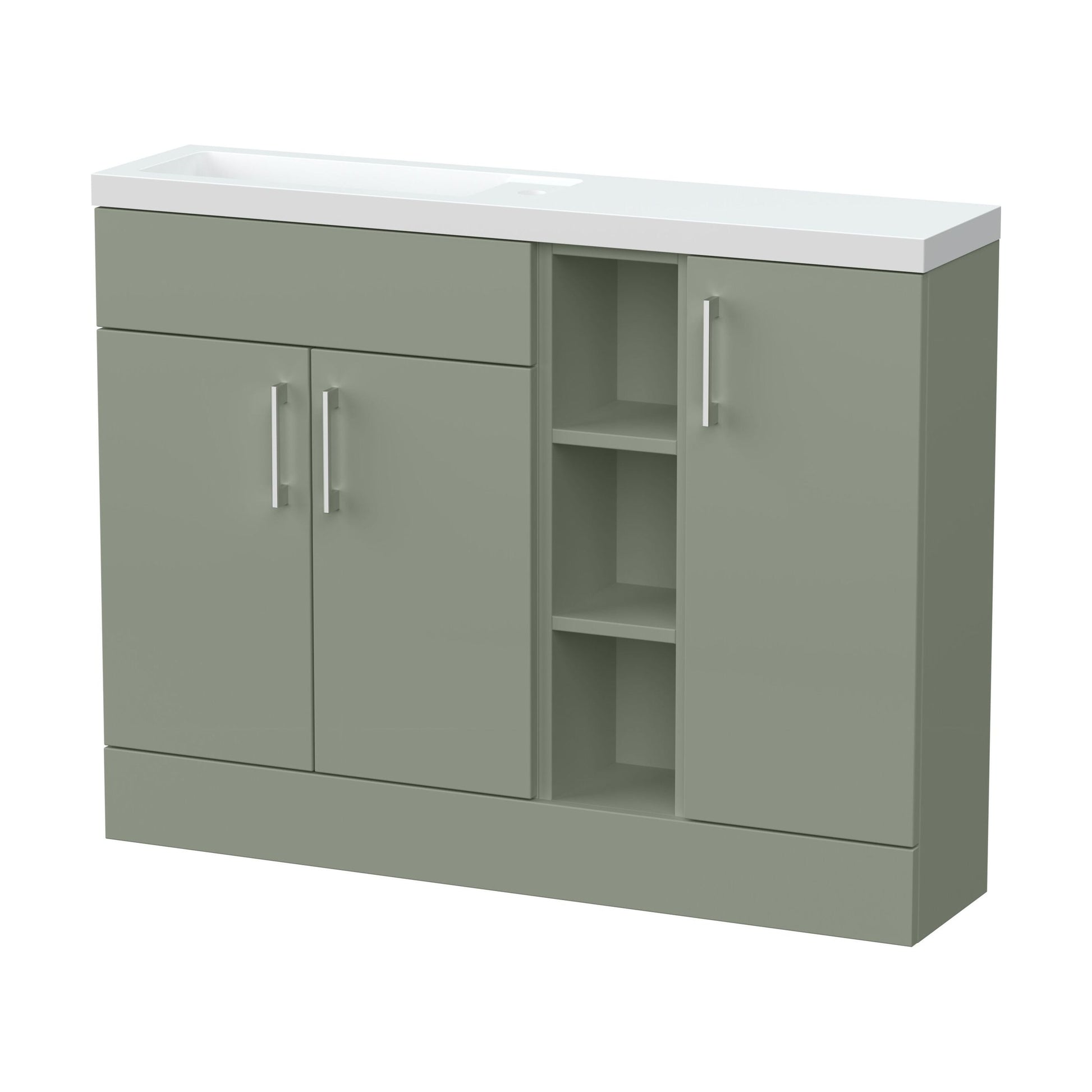 [BFFLR3102] Wichnor Contemporary Floor Standing Compact 3 Door Combination Vanity Basin Unit with Open Shelves and Polymarble Basin, 1100mm, Fern Green - Cutout