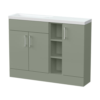 [BFFLR3102] Wichnor Contemporary Floor Standing Compact 3 Door Combination Vanity Basin Unit with Open Shelves and Polymarble Basin, 1100mm, Fern Green - Cutout