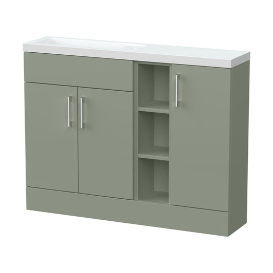 [BFFLR3102] Wichnor Contemporary Floor Standing Compact 3 Door Combination Vanity Basin Unit with Open Shelves and Polymarble Basin, 1100mm, Fern Green - Cutout