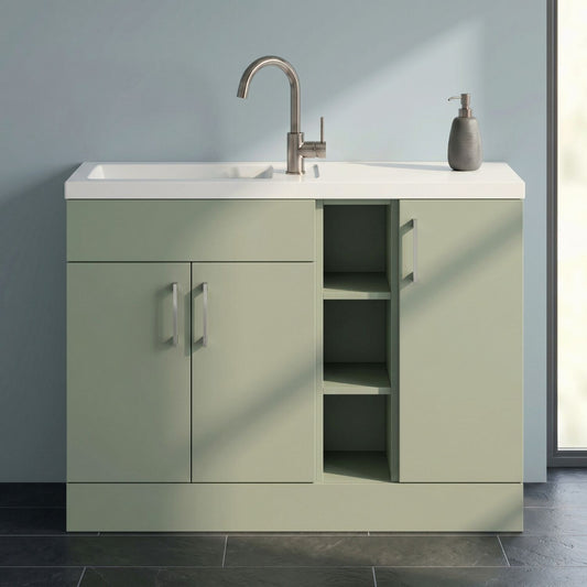 [BFFLR3102] Wichnor Contemporary Floor Standing Compact 3 Door Combination Vanity Basin Unit with Open Shelves and Polymarble Basin, 1100mm, Fern Green - Silo