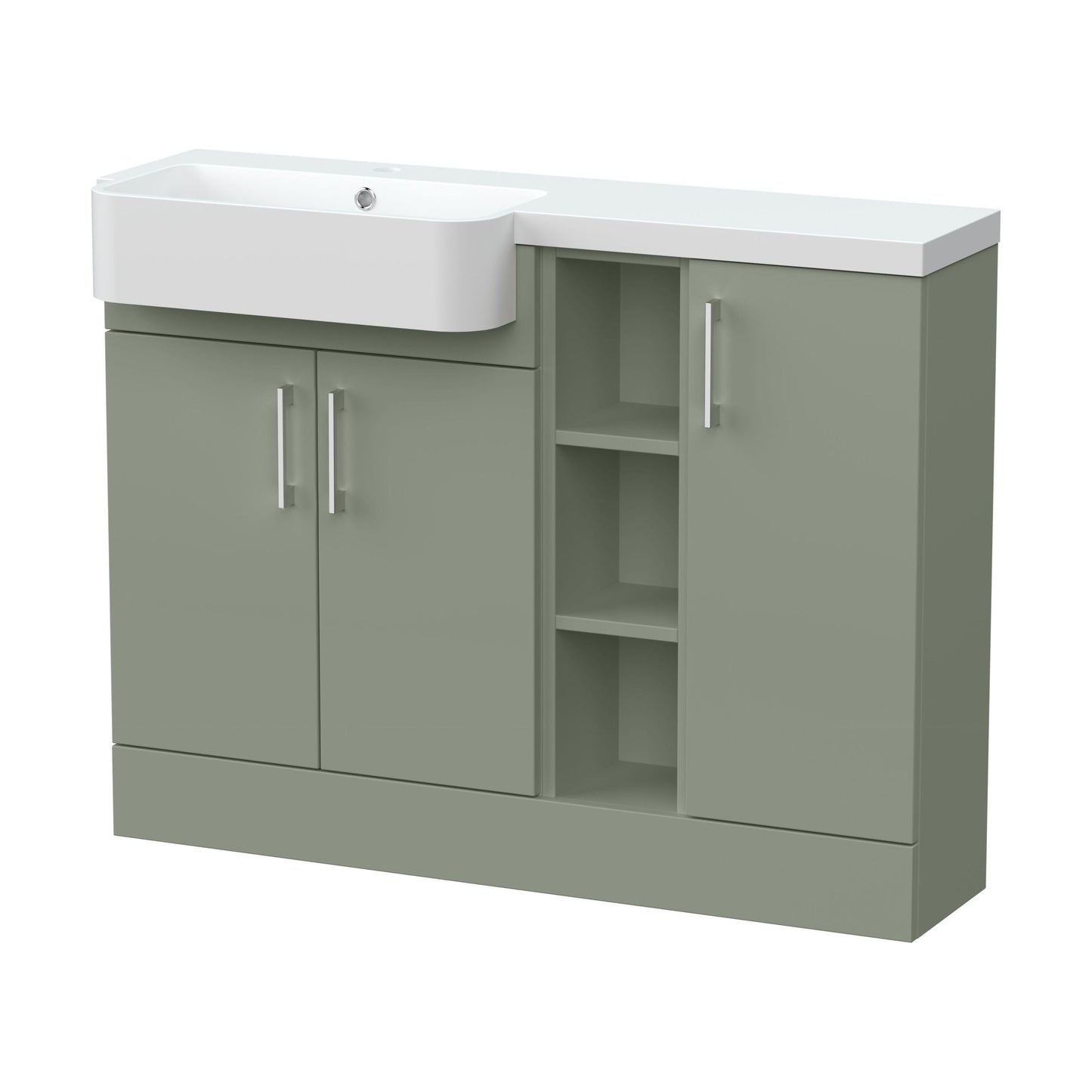 [BFFLR3105L] Wichnor Contemporary Floor Standing Compact 3 Door Combination Vanity Basin Unit with Open Shelves and Polymarble Basin, 1100mm, Left Hand, Fern Green - Cutout