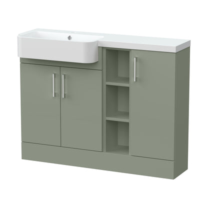 [BFFLR3105L] Wichnor Contemporary Floor Standing Compact 3 Door Combination Vanity Basin Unit with Open Shelves and Polymarble Basin, 1100mm, Left Hand, Fern Green - Cutout