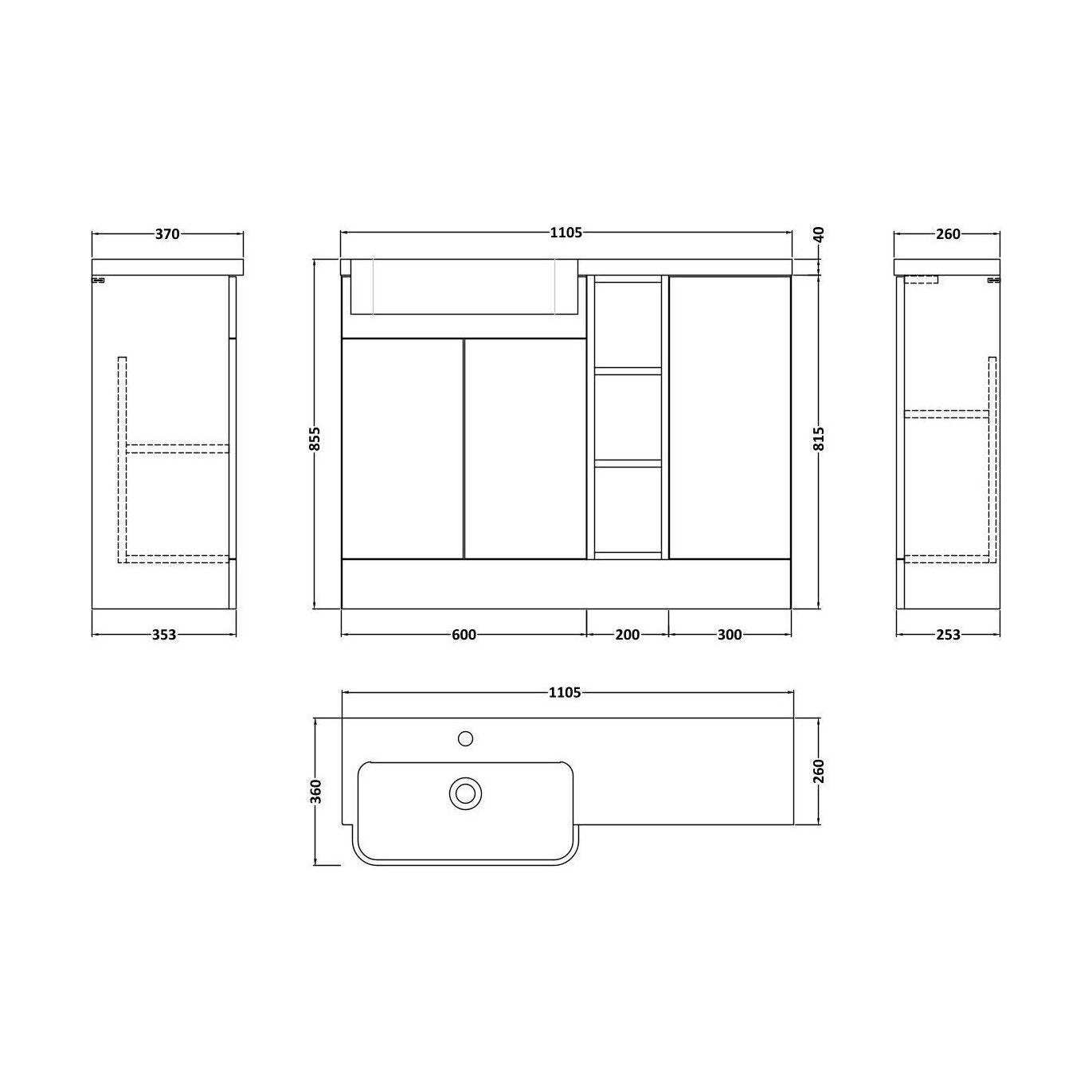 [BFFLR3105L] Wichnor Contemporary Floor Standing Compact 3 Door Combination Vanity Basin Unit with Open Shelves and Polymarble Basin, 1100mm, Left Hand, Fern Green - Technical Drawing