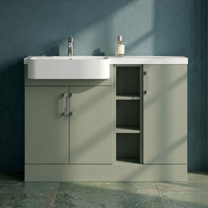 [BFFLR3105L] Wichnor Contemporary Floor Standing Compact 3 Door Combination Vanity Basin Unit with Open Shelves and Polymarble Basin, 1100mm, Left Hand, Fern Green - Silo