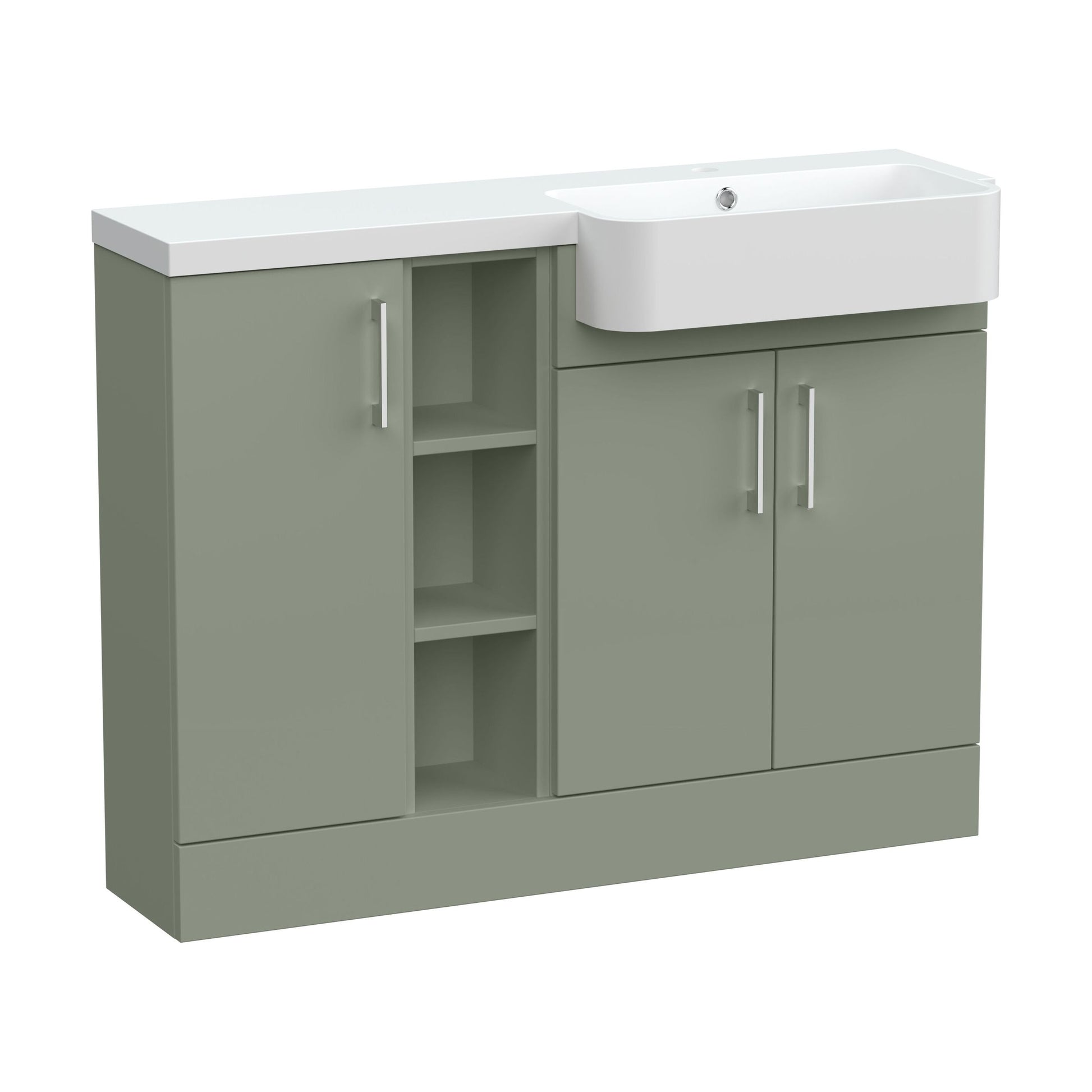 [BFFLR3105R] Wichnor Contemporary Floor Standing Compact 3 Door Combination Vanity Basin Unit with Open Shelves and Polymarble Basin, 1100mm, Right Hand, Fern Green - Cutout