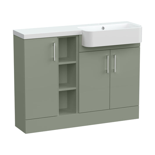 [BFFLR3105R] Wichnor Contemporary Floor Standing Compact 3 Door Combination Vanity Basin Unit with Open Shelves and Polymarble Basin, 1100mm, Right Hand, Fern Green - Cutout