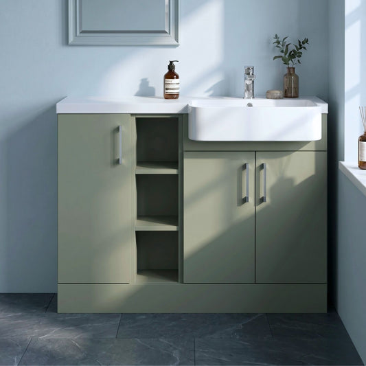 [BFFLR3105R] Wichnor Contemporary Floor Standing Compact 3 Door Combination Vanity Basin Unit with Open Shelves and Polymarble Basin, 1100mm, Right Hand, Fern Green - Silo