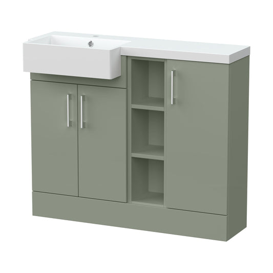 [BFFLR3106L] Wichnor Contemporary Floor Standing Compact 3 Door Combination Vanity Basin Unit with Open Shelves and Polymarble Basin, 1000mm, Left Hand, Fern Green - Cutout