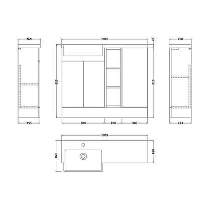 [BFFLR3106L] Wichnor Contemporary Floor Standing Compact 3 Door Combination Vanity Basin Unit with Open Shelves and Polymarble Basin, 1000mm, Left Hand, Fern Green - Technical Drawing
