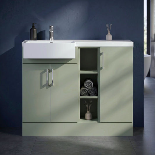 [BFFLR3106L] Wichnor Contemporary Floor Standing Compact 3 Door Combination Vanity Basin Unit with Open Shelves and Polymarble Basin, 1000mm, Left Hand, Fern Green - Silo