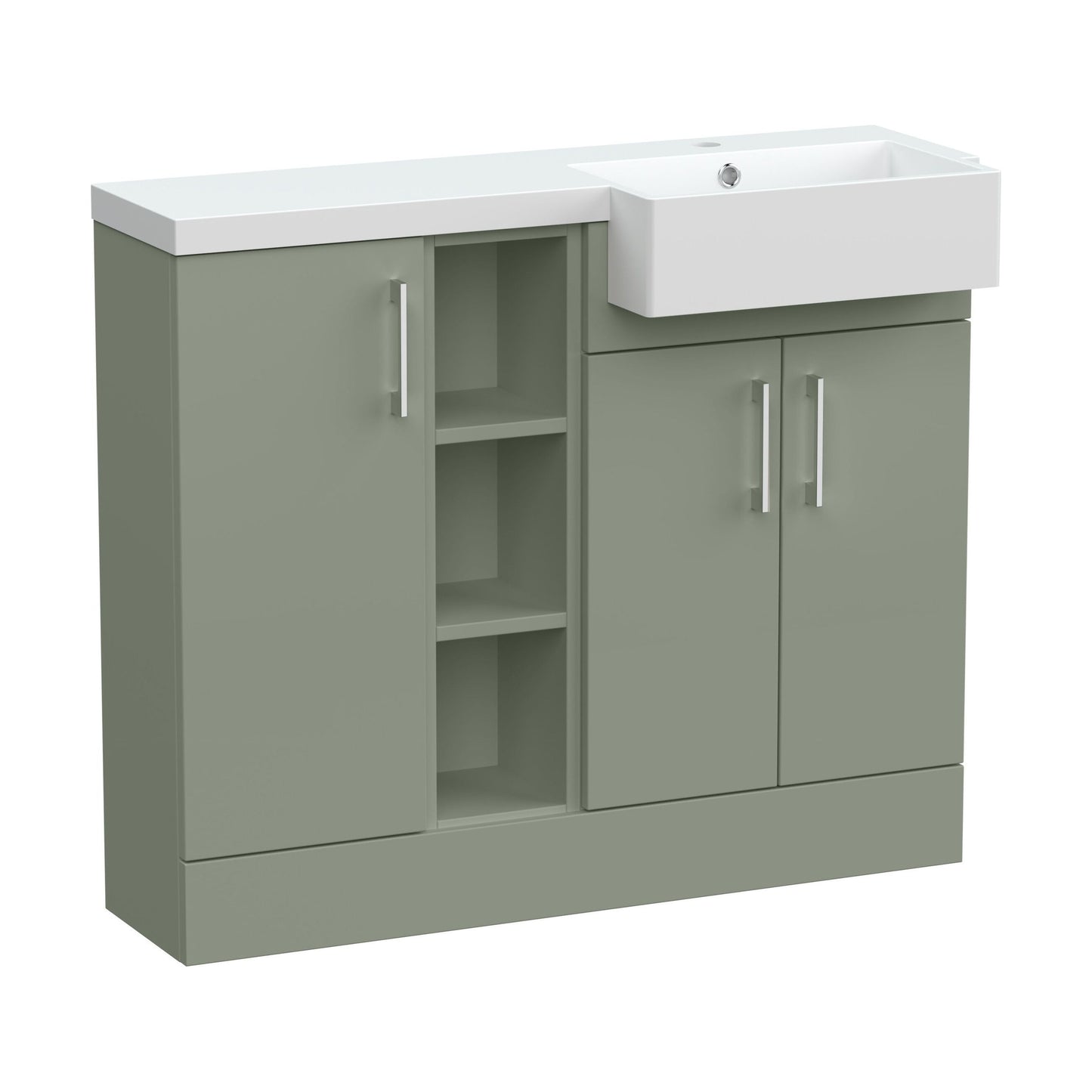 [BFFLR3106R] Wichnor Contemporary Floor Standing Compact 3 Door Combination Vanity Basin Unit with Open Shelves and Polymarble Basin, 1000mm, Right Hand, Fern Green - Cutout
