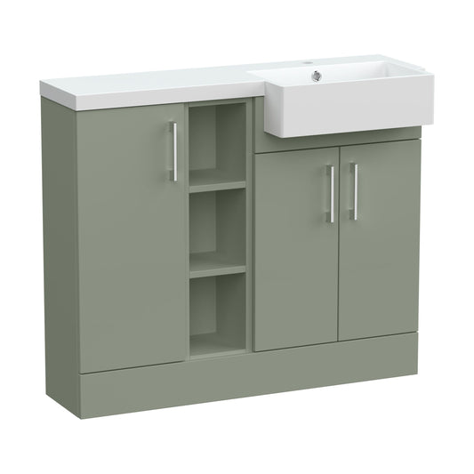 [BFFLR3106R] Wichnor Contemporary Floor Standing Compact 3 Door Combination Vanity Basin Unit with Open Shelves and Polymarble Basin, 1000mm, Right Hand, Fern Green - Cutout