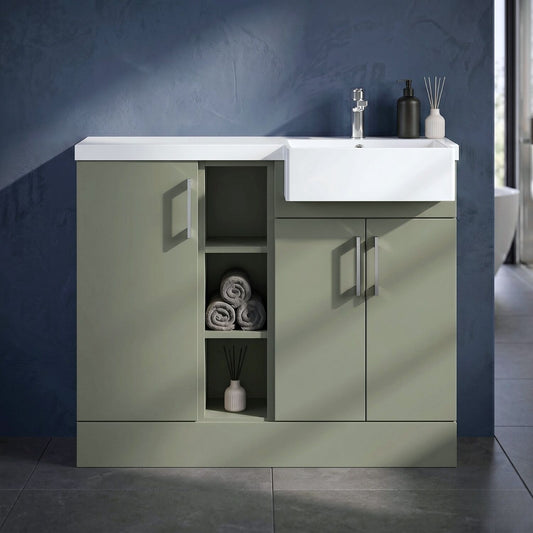 [BFFLR3106R] Wichnor Contemporary Floor Standing Compact 3 Door Combination Vanity Basin Unit with Open Shelves and Polymarble Basin, 1000mm, Right Hand, Fern Green - Silo