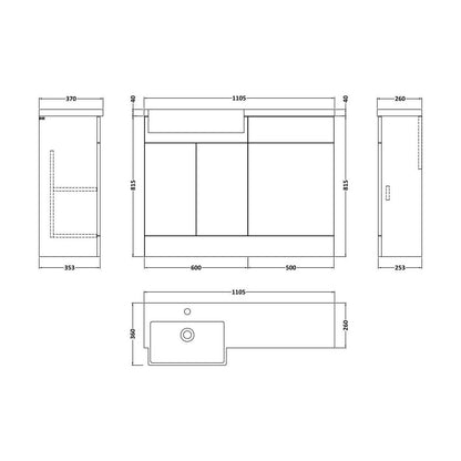 [BFFLR3107L] Wichnor Contemporary Floor Standing Compact 2 Door Vanity Basin WC Unit with Polymarble Basin, 1100mm, Left Hand, Fern Green - Technical Drawing