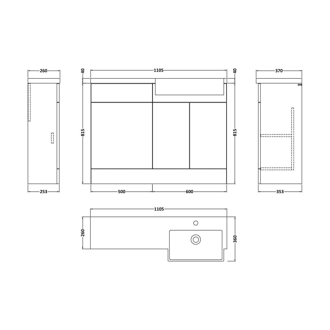 [BFFLR3107R] Wichnor Contemporary Floor Standing Compact 2 Door Vanity Basin WC Unit with Polymarble Basin, 1100mm, Right Hand, Fern Green - Technical Drawing
