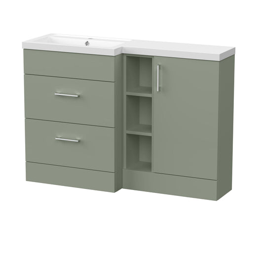 [BFFLR3110L] Wichnor Contemporary Floor Standing 1 Door, 2 Drawer Vanity Basin Unit with Open Shelf and Polymarble Basin, 1200mm, Left Hand, Fern Green - Cutout