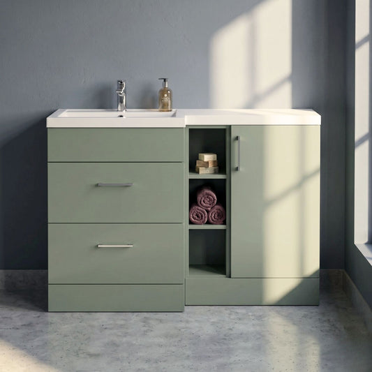 [BFFLR3110L] Wichnor Contemporary Floor Standing 1 Door, 2 Drawer Vanity Basin Unit with Open Shelf and Polymarble Basin, 1200mm, Left Hand, Fern Green - Silo