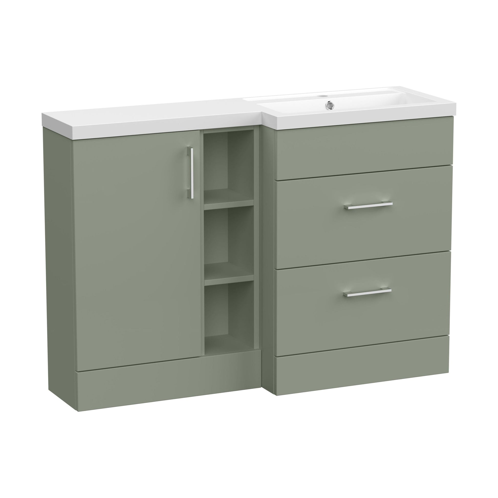 [BFFLR3110R] Wichnor Contemporary Floor Standing 1 Door, 2 Drawer Vanity Basin Unit with Open Shelf and Polymarble Basin, 1200mm, Right Hand, Fern Green - Cutout