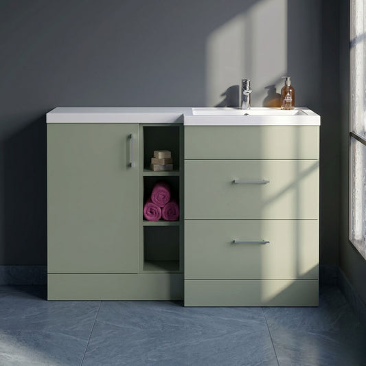 [BFFLR3110R] Wichnor Contemporary Floor Standing 1 Door, 2 Drawer Vanity Basin Unit with Open Shelf and Polymarble Basin, 1200mm, Right Hand, Fern Green - Silo