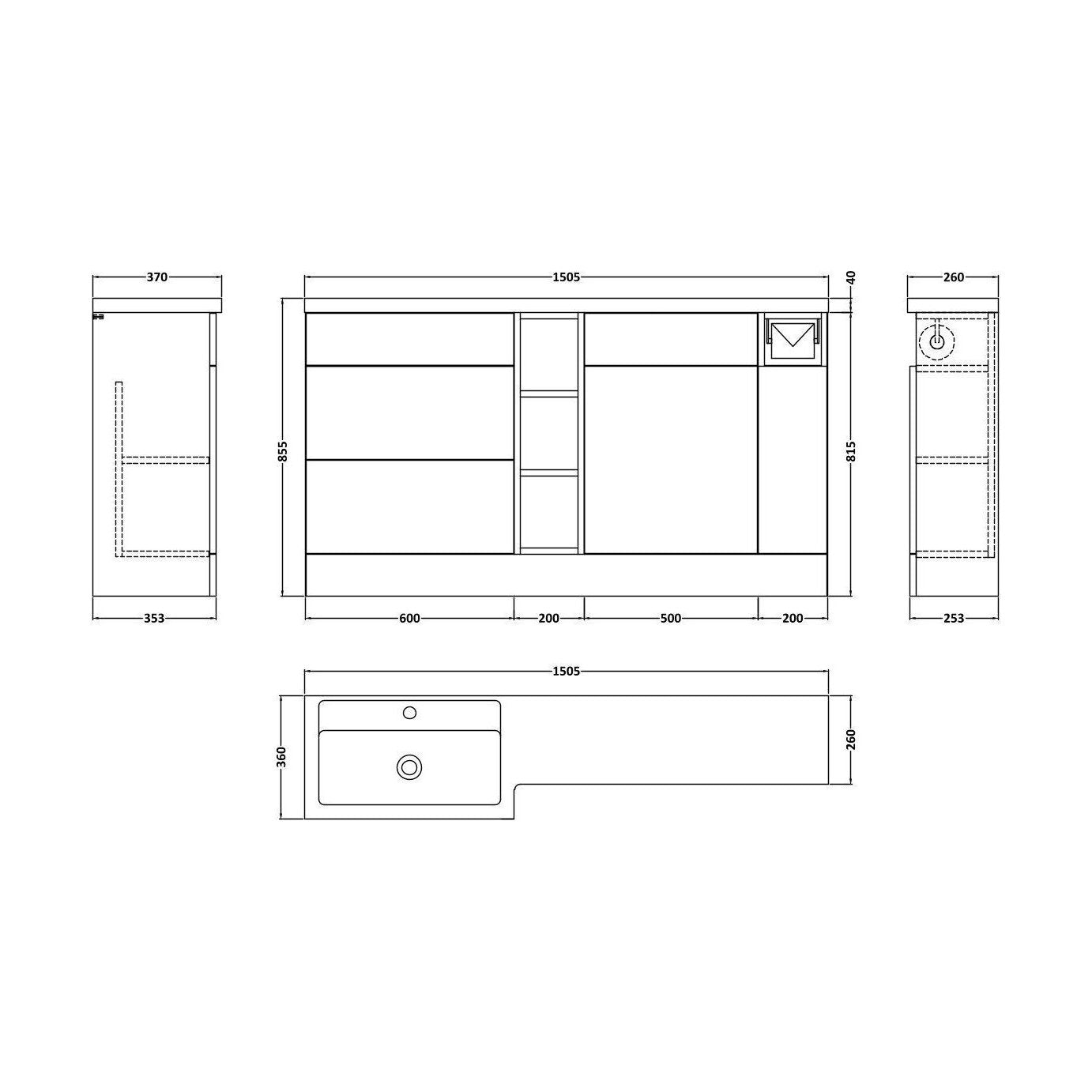 [BFFLR3111L] Wichnor Floor Standing 3 Door, Open Shelf Vanity Basin WC Unit with Toilet Roll Holder and Polymarble Basin, 1500mm, Left Hand, Fern Green - Technical Drawing