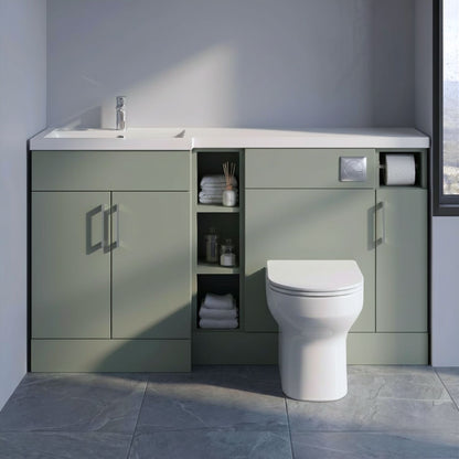 [BFFLR3111L] Wichnor Floor Standing 3 Door, Open Shelf Vanity Basin WC Unit with Toilet Roll Holder and Polymarble Basin, 1500mm, Left Hand, Fern Green - Silo