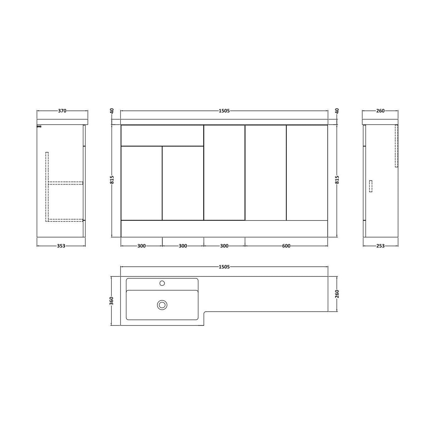 [BFFLR3112L] Wichnor Contemporary Floor Standing 5 Door Vanity Basin Combination Unit with Polymarble Basin, 1500mm, Left Hand, Fern Green - Technical Drawing