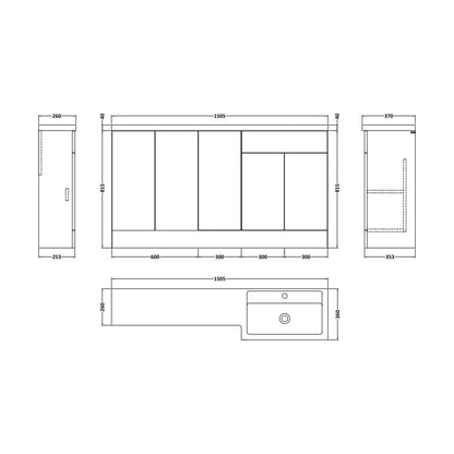 [BFFLR3112R] Wichnor Contemporary Floor Standing 5 Door Vanity Basin Combination Unit with Polymarble Basin, 1500mm, Right Hand, Fern Green - Technical Drawing