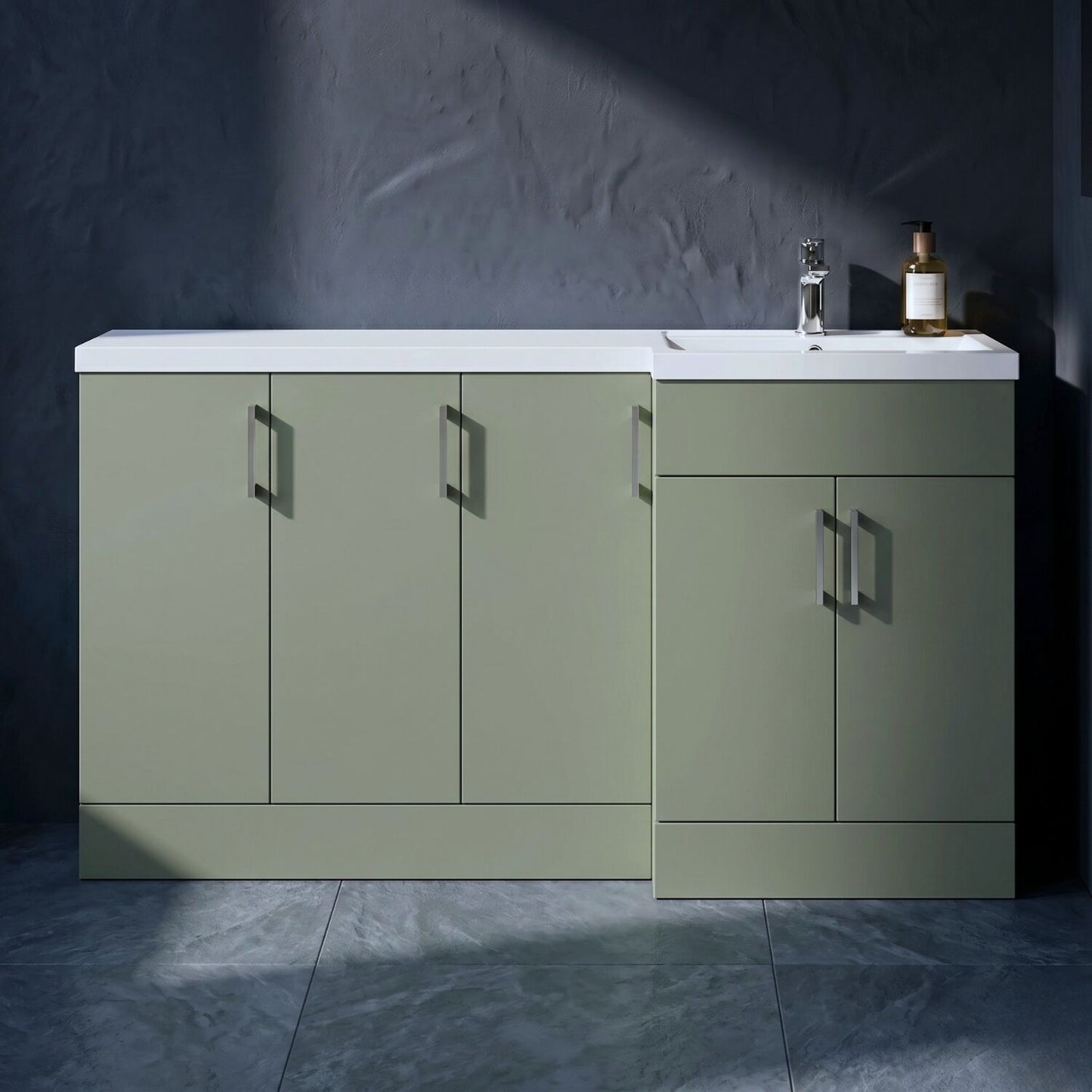 [BFFLR3112R] Wichnor Contemporary Floor Standing 5 Door Vanity Basin Combination Unit with Polymarble Basin, 1500mm, Right Hand, Fern Green - Silo