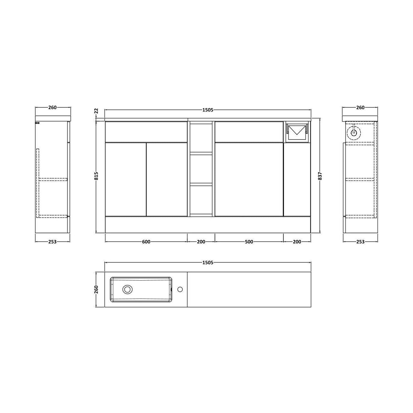 [BFFLR3113] Wichnor Contemporary Floor Standing Compact 3 Door Vanity Basin WC Combination Unit with Basin and Worktop, 1500mm, Fern Green - Technical Drawing