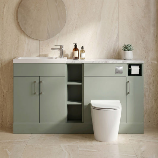 [BFFLR3113] Wichnor Contemporary Floor Standing Compact 3 Door Vanity Basin WC Combination Unit with Basin and Worktop, 1500mm, Fern Green - Silo