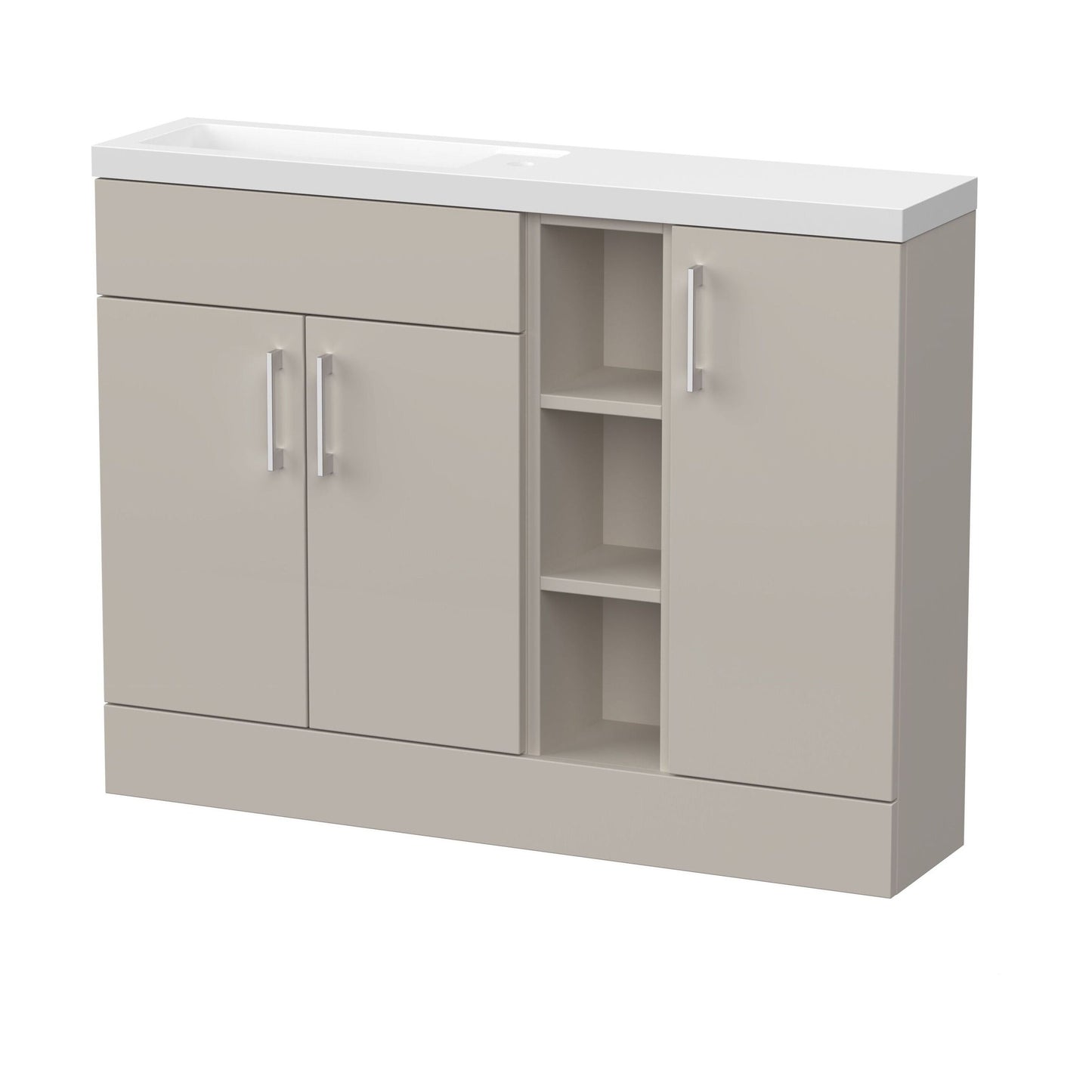 [BFFLR3202] Wichnor Contemporary Floor Standing Compact 3 Door Combination Vanity Basin Unit with Open Shelves and Polymarble Basin, 1100mm, Pebble Grey - Cutout