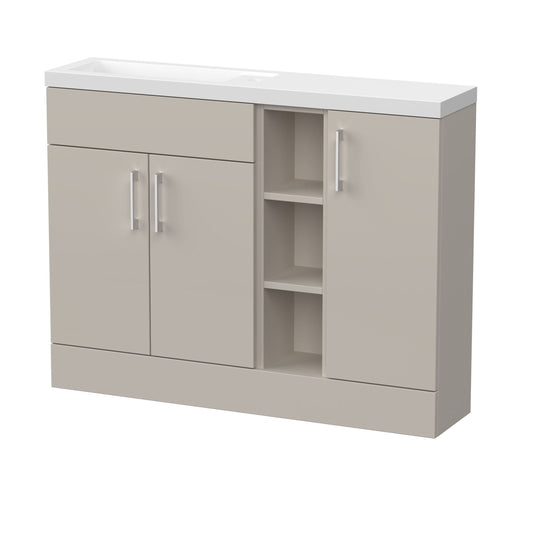 [BFFLR3202] Wichnor Contemporary Floor Standing Compact 3 Door Combination Vanity Basin Unit with Open Shelves and Polymarble Basin, 1100mm, Pebble Grey - Cutout