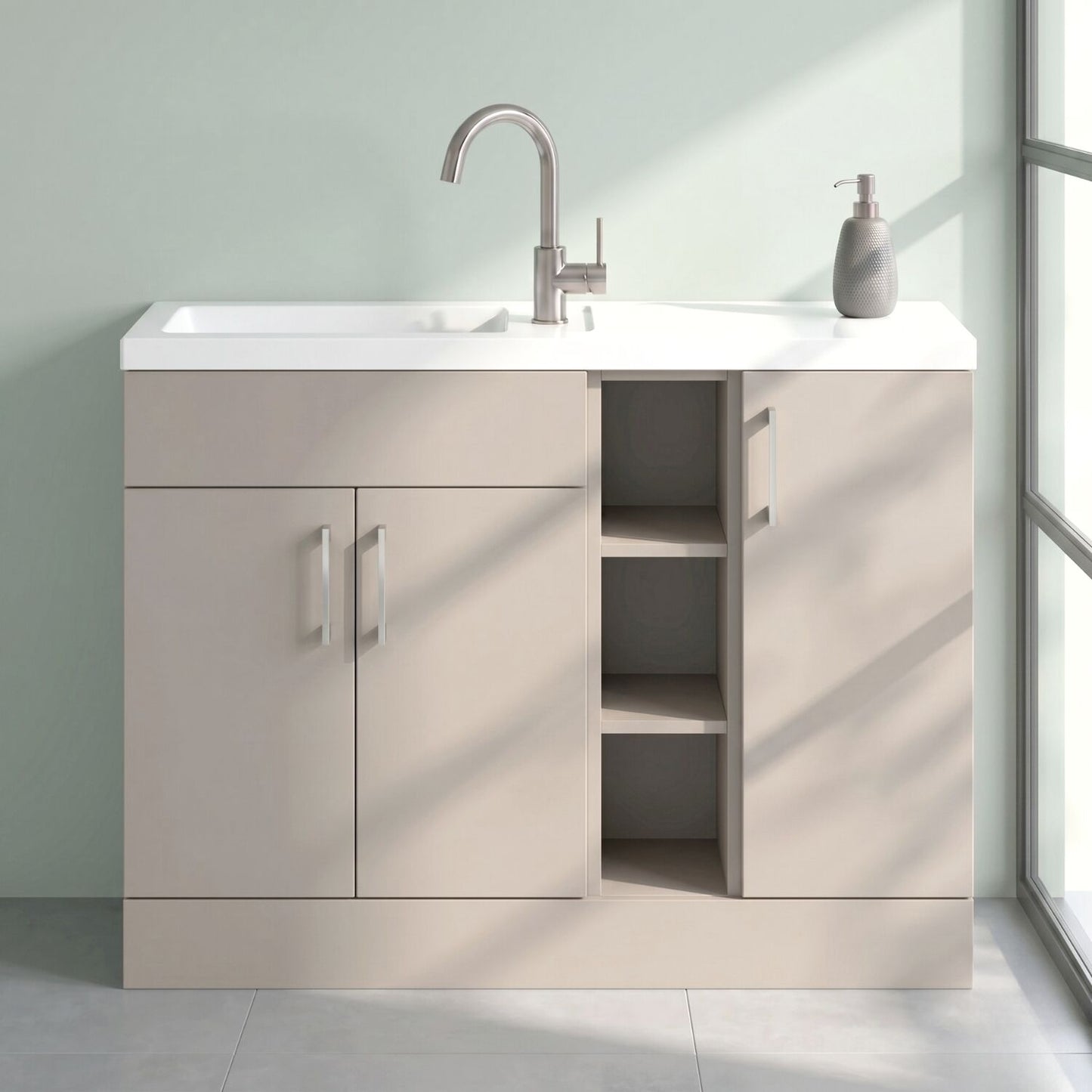 [BFFLR3202] Wichnor Contemporary Floor Standing Compact 3 Door Combination Vanity Basin Unit with Open Shelves and Polymarble Basin, 1100mm, Pebble Grey - Silo