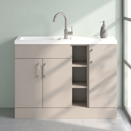 [BFFLR3202] Wichnor Contemporary Floor Standing Compact 3 Door Combination Vanity Basin Unit with Open Shelves and Polymarble Basin, 1100mm, Pebble Grey - Silo