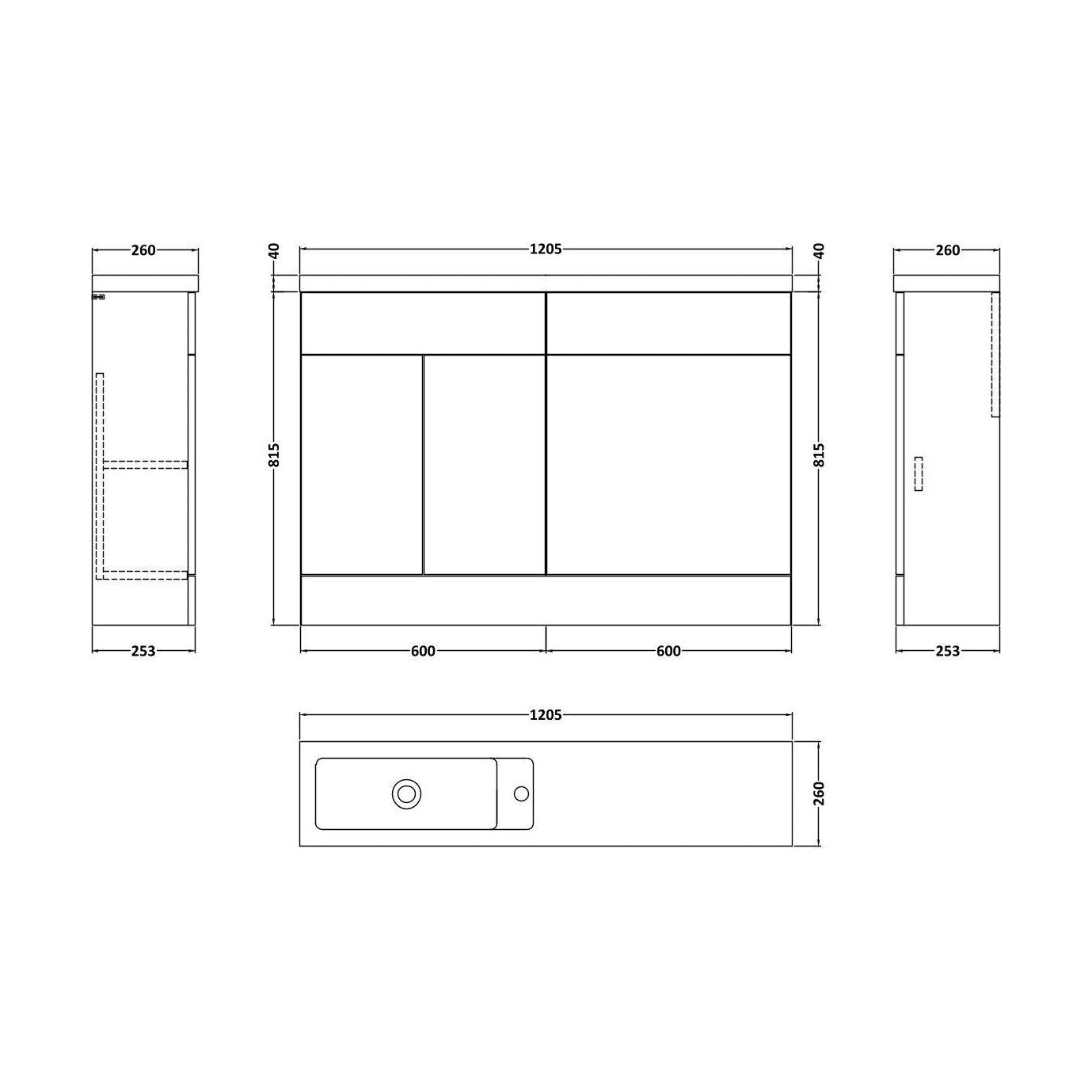 [BFFLR3203] Wichnor Contemporary Floor Standing Compact 2 Door Combination Vanity Basin WC Unit with Polymarble Basin, 1200mm, Pebble Grey - Technical Drawing
