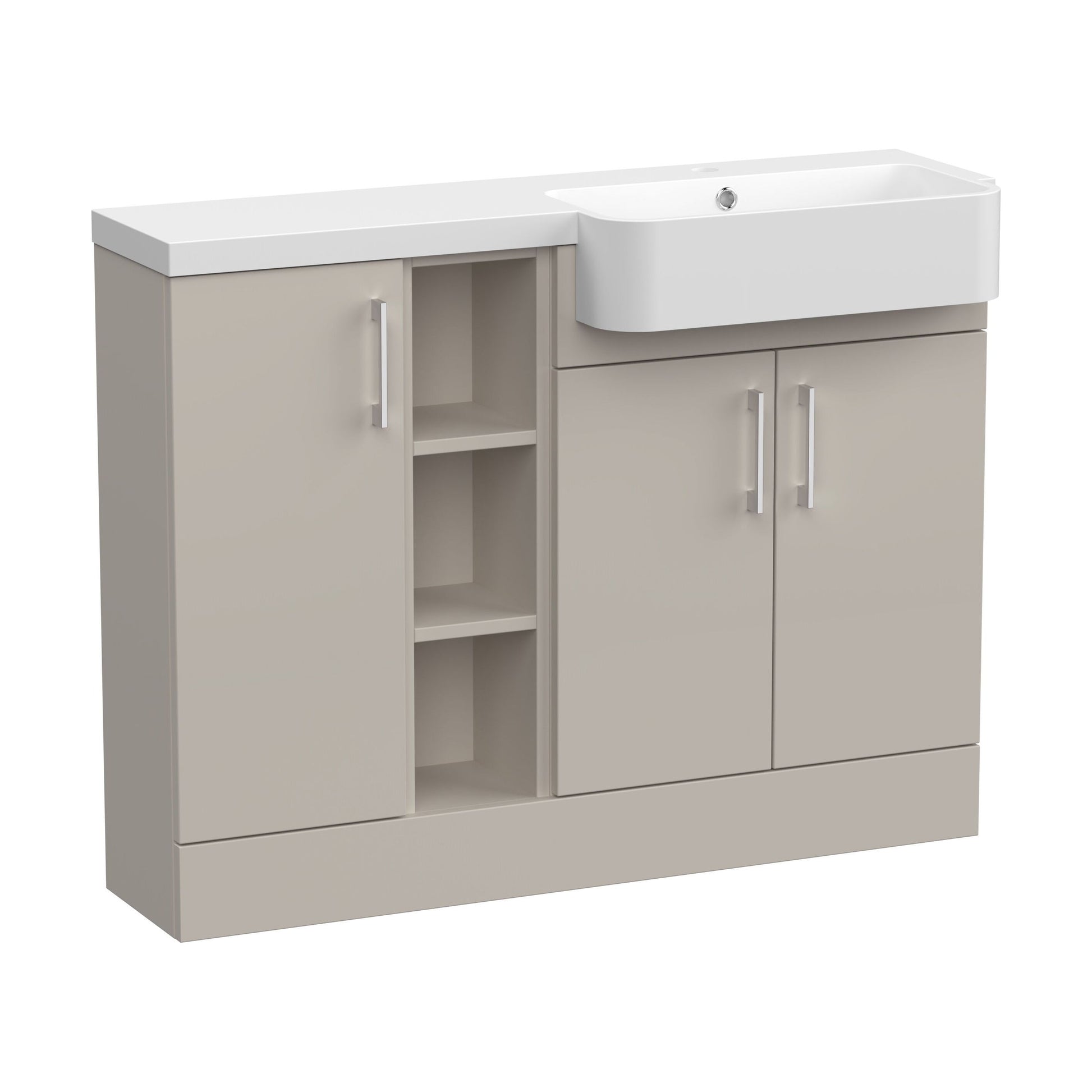 [BFFLR3205R] Wichnor Contemporary Floor Standing Compact 3 Door Combination Vanity Basin Unit with Open Shelves and Polymarble Basin, 1100mm, Right Hand, Pebble Grey - Cutout